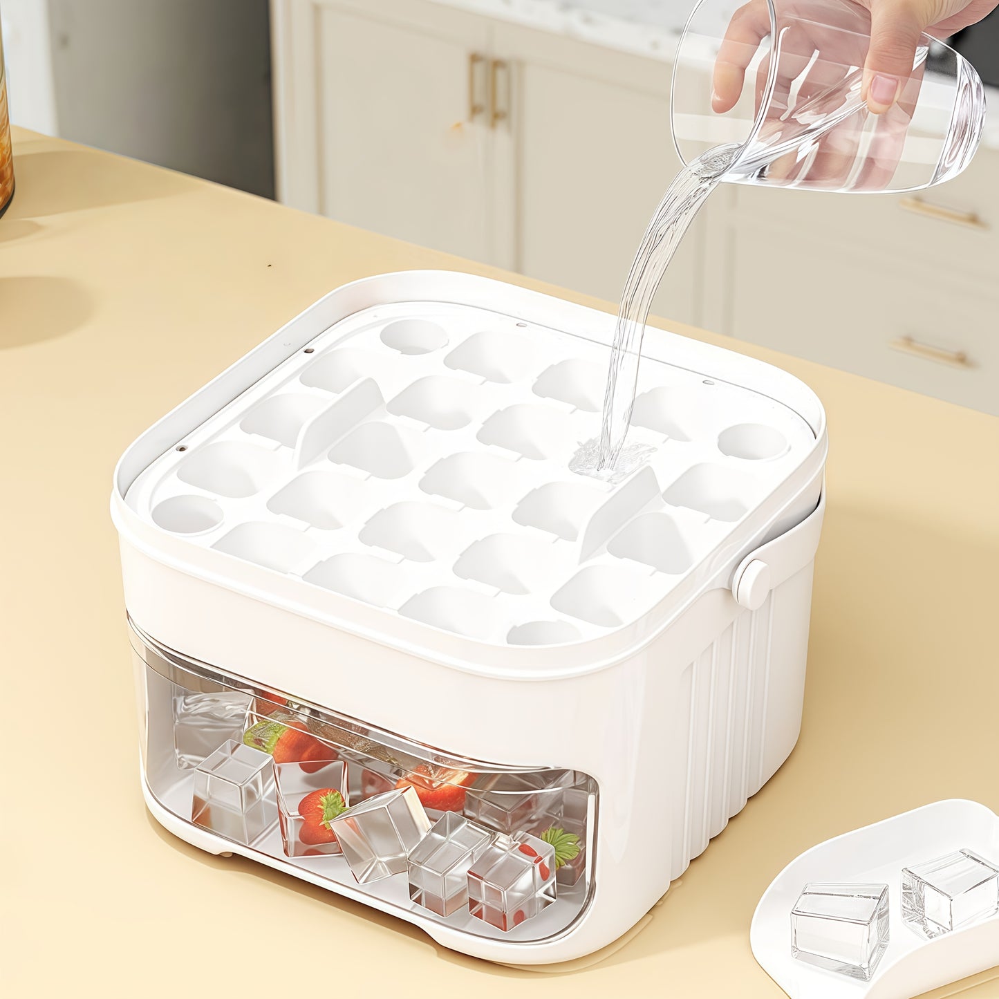 1PC Refrigerator Ice Cube Mold, Manual Press Two-Layer Design, Large Capacity Food-Grade PP Material, Suitable for Refrigerator Ice Making – Essential Kitchen Tool, 50-Cavity Ice Tray with Container, Practical Household Drink Ice Organizer.WHITE