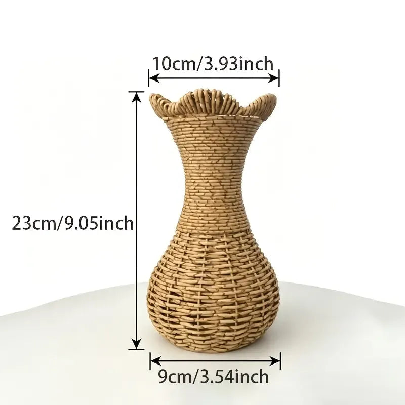 Rattan-Look Hourglass Vase, Petal Rim Adds Elegance — Handcrafted Dried Flower Décor for Living Room./Cloth mark payment