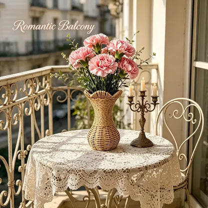 Rattan-Look Hourglass Vase, Petal Rim Adds Elegance — Handcrafted Dried Flower Décor for Living Room./Cloth mark payment