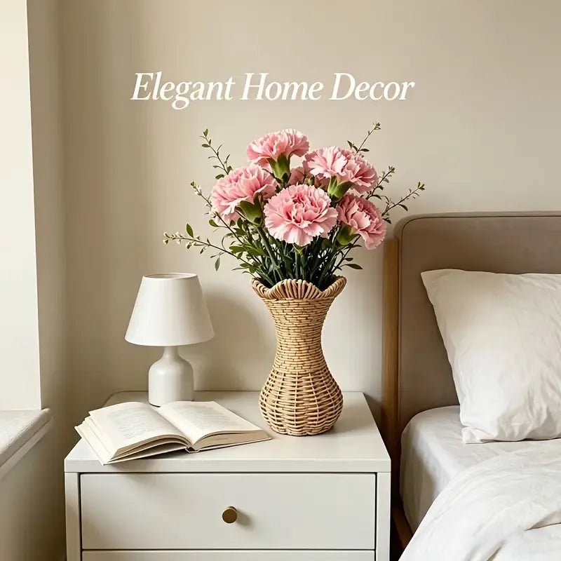 Rattan-Look Hourglass Vase, Petal Rim Adds Elegance — Handcrafted Dried Flower Décor for Living Room./Cloth mark payment