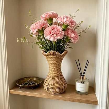 Rattan-Look Hourglass Vase, Petal Rim Adds Elegance — Handcrafted Dried Flower Décor for Living Room./Cloth mark payment