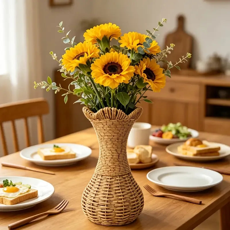 Rattan-Look Hourglass Vase, Petal Rim Adds Elegance — Handcrafted Dried Flower Décor for Living Room./Cloth mark payment