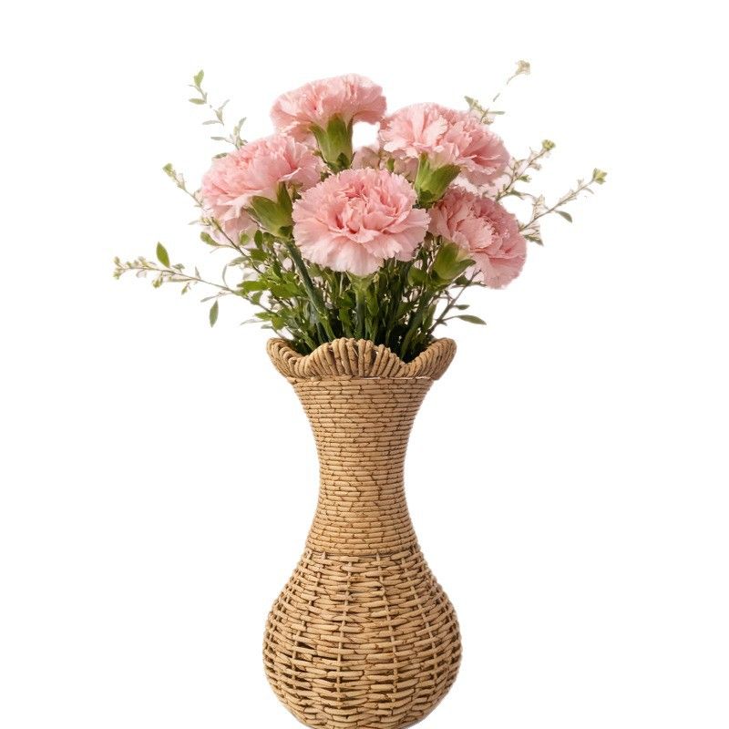 Rattan-Look Hourglass Vase, Petal Rim Adds Elegance — Handcrafted Dried Flower Décor for Living Room./Cloth mark payment