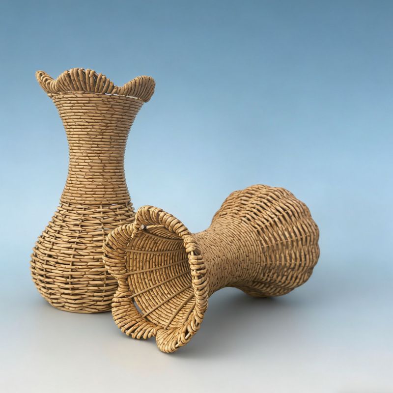 Rattan-Look Hourglass Vase, Petal Rim Adds Elegance — Handcrafted Dried Flower Décor for Living Room./Cloth mark payment