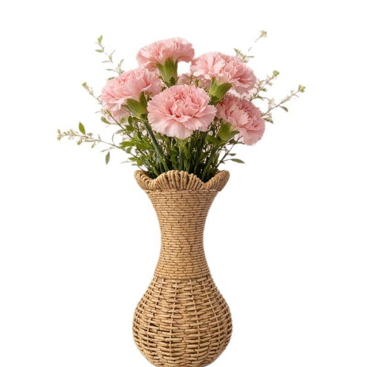 Rattan-Look Hourglass Vase, Petal Rim Adds Elegance — Handcrafted Dried Flower Décor for Living Room./No cloth standard payment