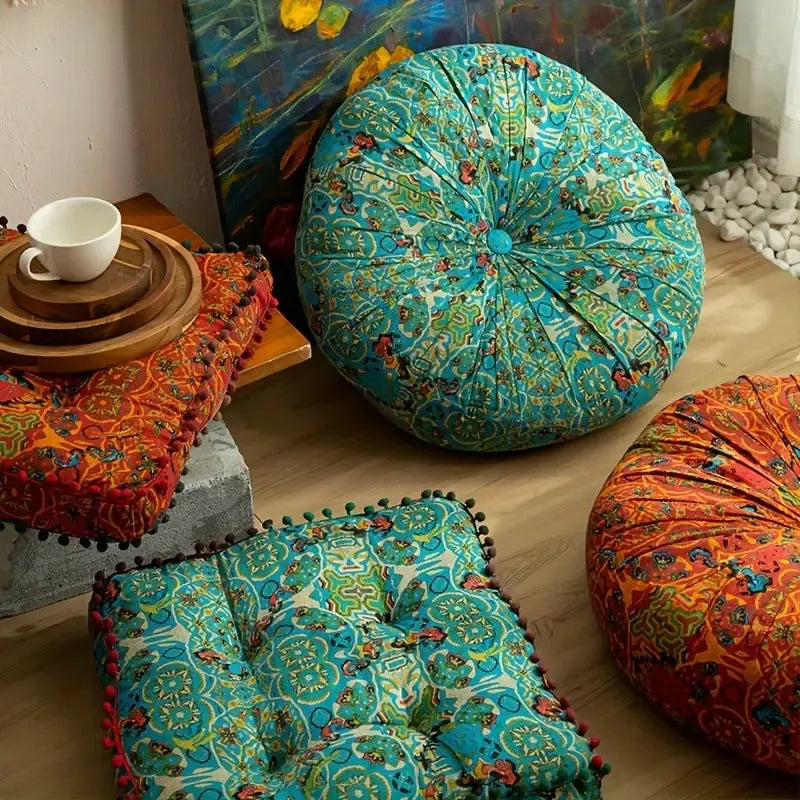 Bohemian Thick Cushion: Ethnic print with tassel trim, 100% polyester soft and resilient, suitable for both square and round shapes in all seasons, easy hand-wash care, adds an exotic flair to your home decor. (Square, Blue)