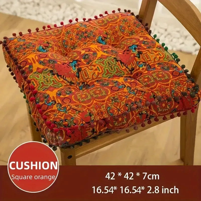 Bohemian Thick Cushion: Ethnic print with tassel trim, 100% polyester soft and resilient, suitable for both square and round shapes in all seasons, easy hand-wash care, adds an exotic flair to your home decor. (Square, Blue)