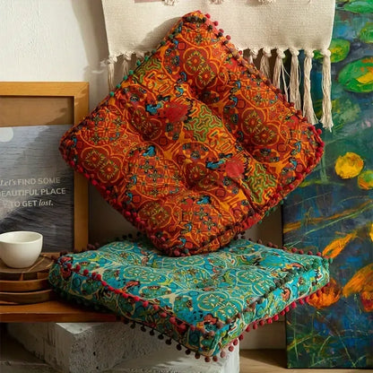 Bohemian Thick Cushion: Ethnic print with tassel trim, 100% polyester soft and resilient, suitable for both square and round shapes in all seasons, easy hand-wash care, adds an exotic flair to your home decor. (Square, Blue)