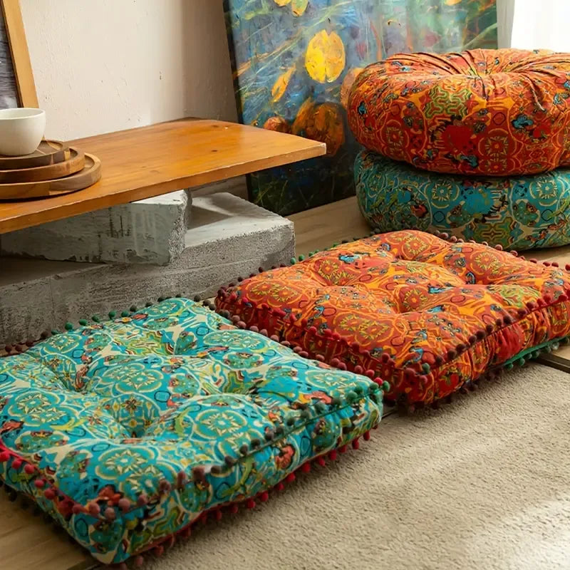 Bohemian Thick Cushion: Ethnic print with tassel trim, 100% polyester soft and resilient, suitable for both square and round shapes in all seasons, easy hand-wash care, adds an exotic flair to your home decor. (Square, orangee)