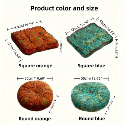Bohemian Thick Cushion: Ethnic print with tassel trim, 100% polyester soft and resilient, suitable for both square and round shapes in all seasons, easy hand-wash care, adds an exotic flair to your home decor. (Square, orangee)