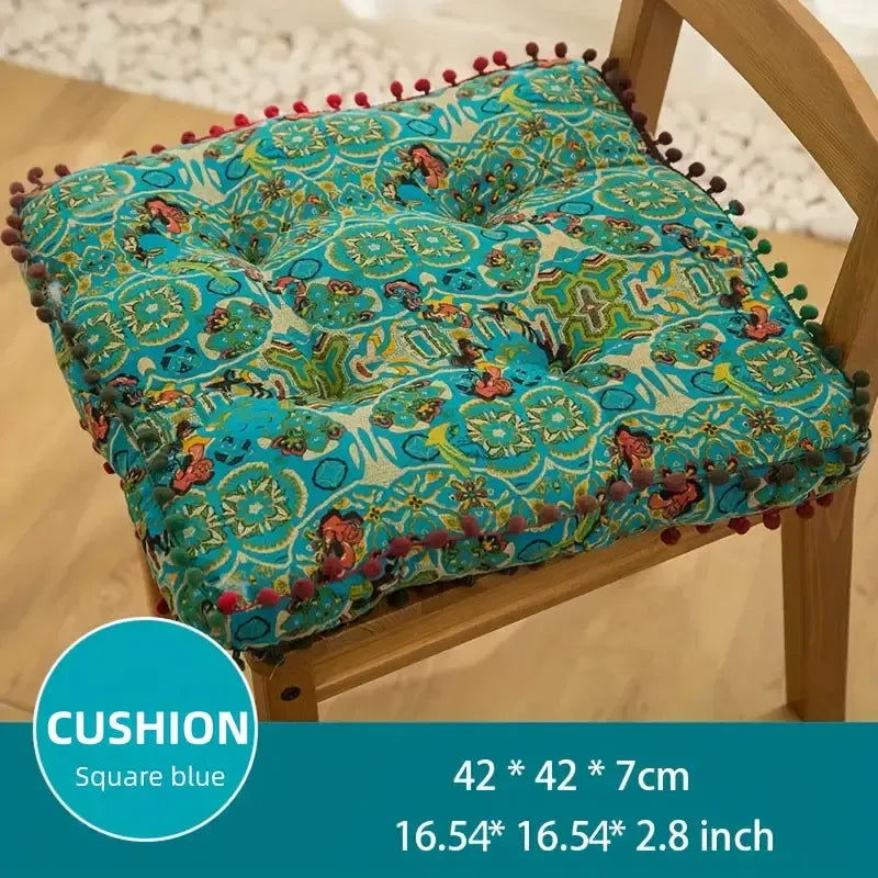 Bohemian Thick Cushion: Ethnic print with tassel trim, 100% polyester soft and resilient, suitable for both square and round shapes in all seasons, easy hand-wash care, adds an exotic flair to your home decor. (Square, orangee)