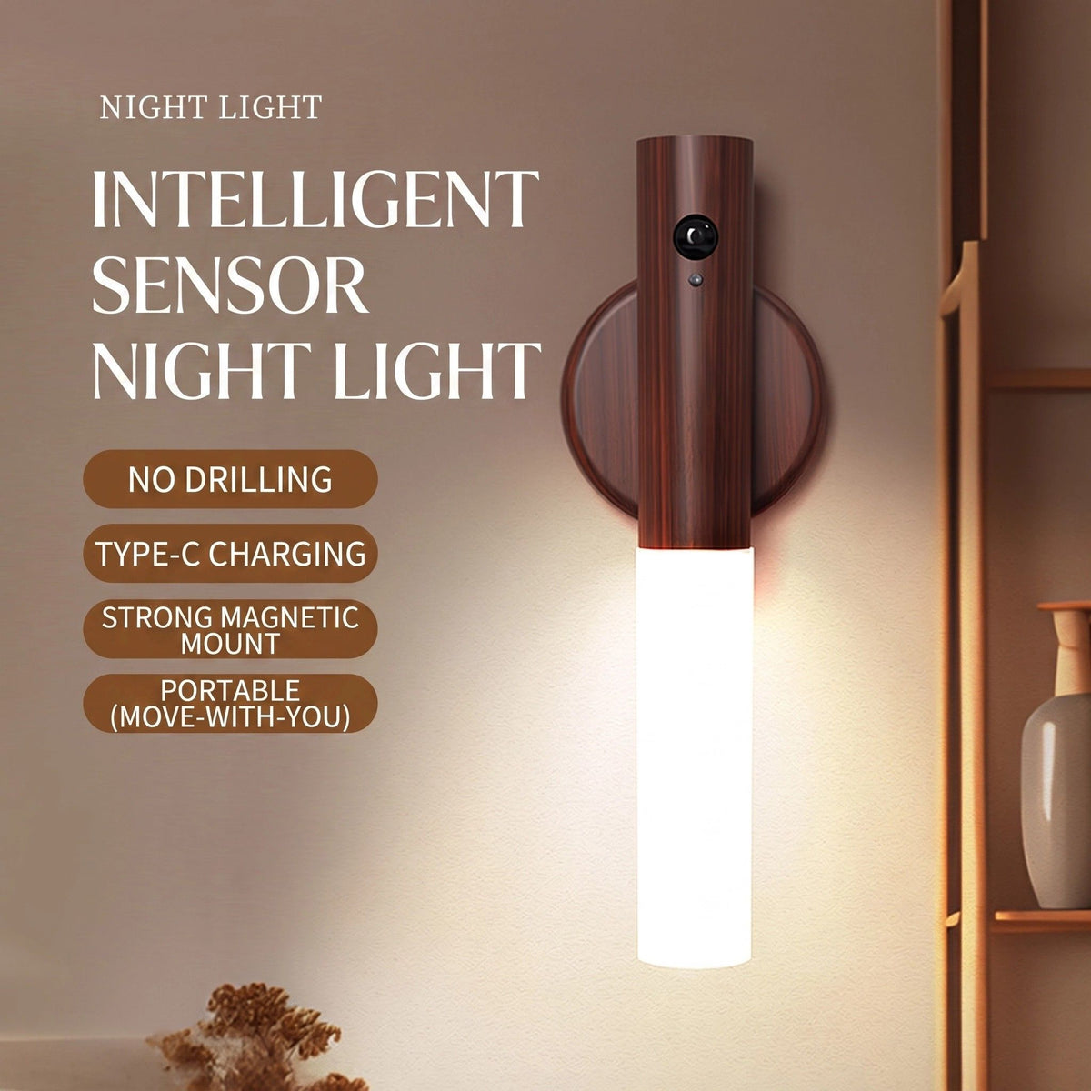 2-Pack USB Rechargeable Magnetic LED Night Light – Motion Sensor Wall Light for Bedroom, Kitchen & Bathroom/Walnut color
