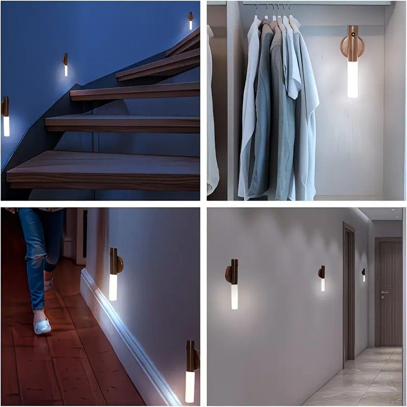 1-Pack USB Rechargeable Magnetic LED Night Light – Motion Sensor Wall Light for Bedroom, Kitchen & Bathroom/Ash wood color