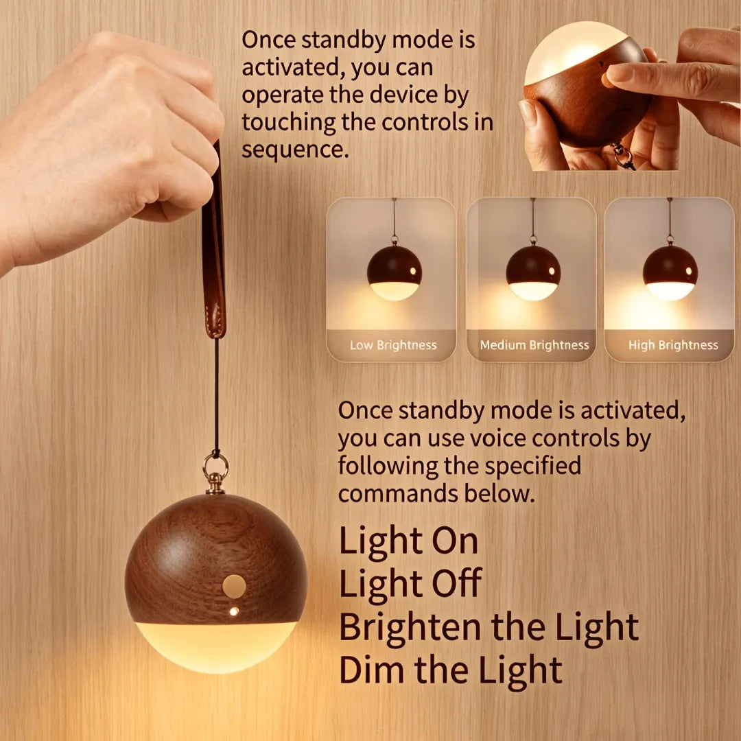 Scandinavian Wood 2-in-1 Voice Control Night Light, Solid Wood Portable Table Lamp Wall Ambient Light, 5m Offline Voice Control, 3-Level Dimming, with USB Cable & Lanyard(Sabili wood color)