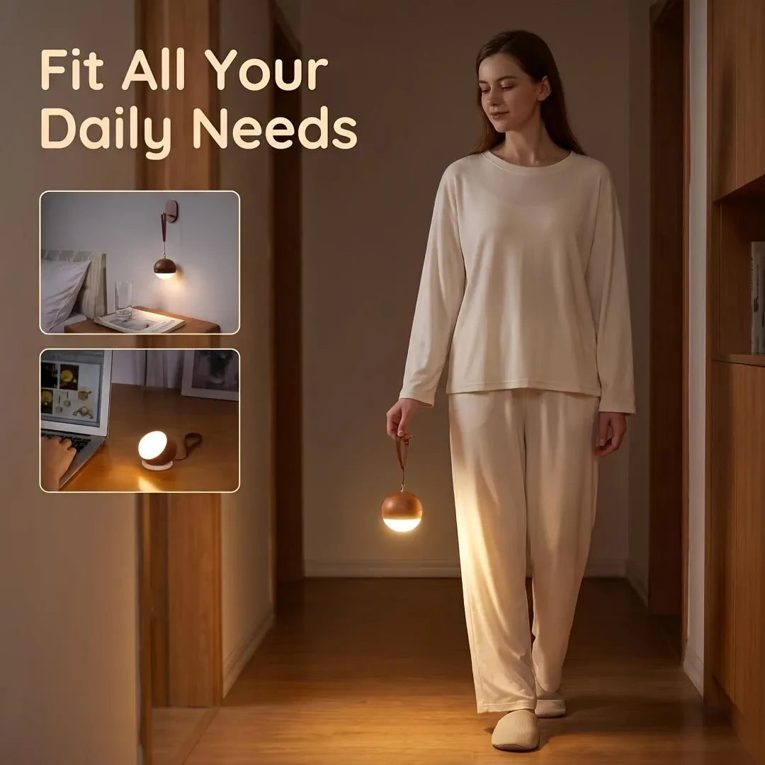 Scandinavian Wood 2-in-1 Voice Control Night Light, Solid Wood Portable Table Lamp Wall Ambient Light, 5m Offline Voice Control, 3-Level Dimming, with USB Cable & Lanyard(Sabili wood color)