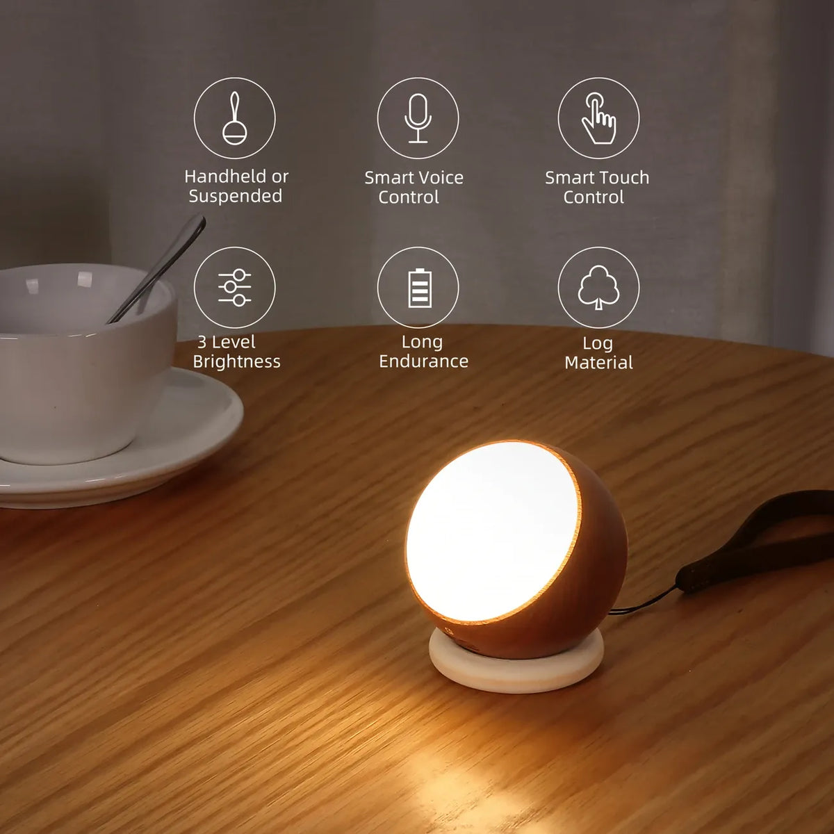 Scandinavian Wood 2-in-1 Voice Control Night Light, Solid Wood Portable Table Lamp Wall Ambient Light, 5m Offline Voice Control, 3-Level Dimming, with USB Cable & Lanyard(Sabili wood color)