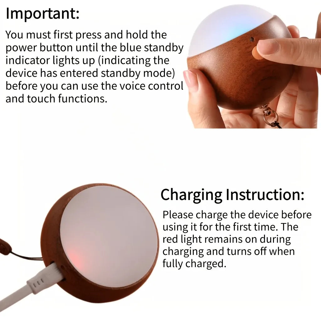 Scandinavian Wood 2-in-1 Voice Control Night Light, Solid Wood Portable Table Lamp Wall Ambient Light, 5m Offline Voice Control, 3-Level Dimming, with USB Cable & Lanyard(Sabili wood color)
