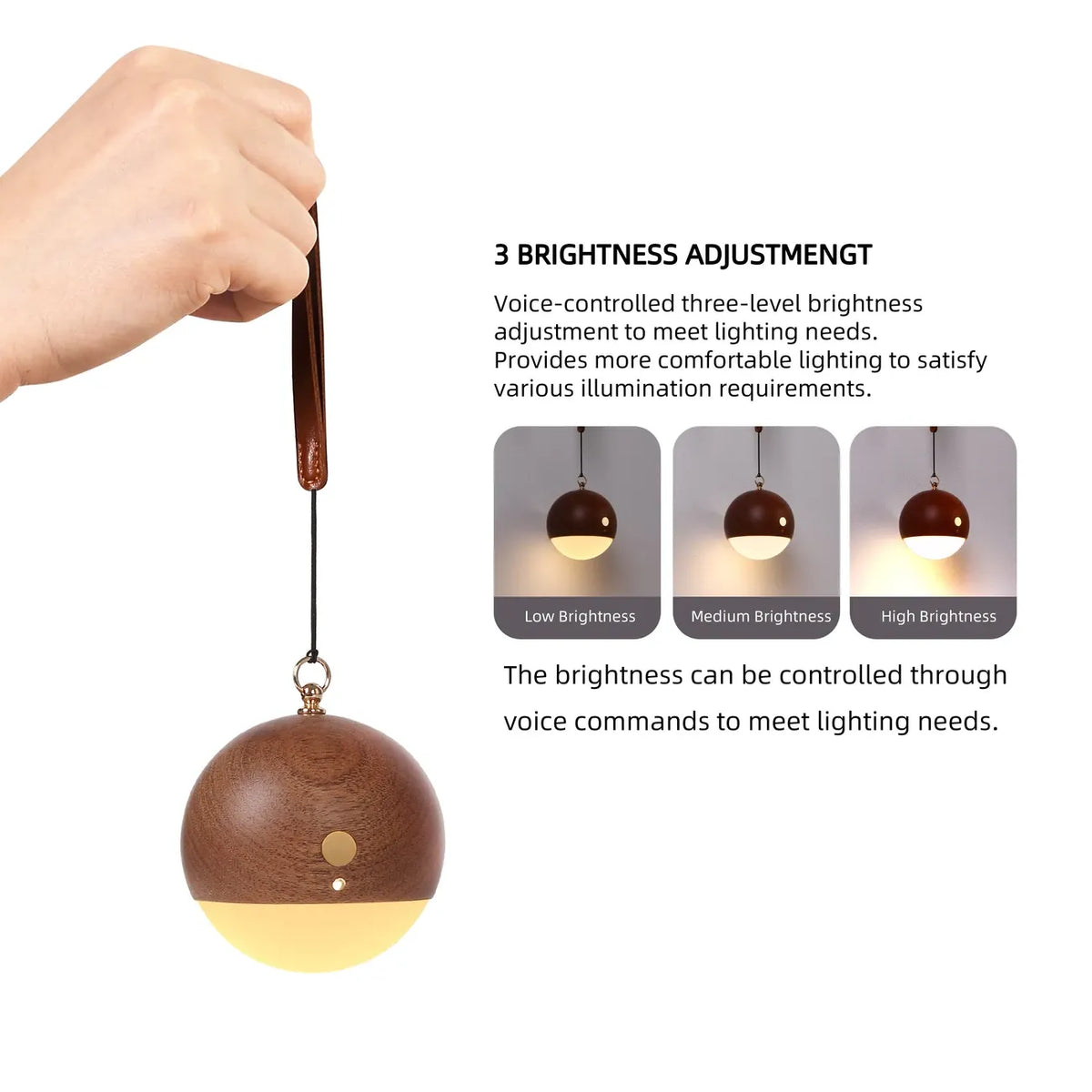 Scandinavian Wood 2-in-1 Voice Control Night Light, Solid Wood Portable Table Lamp Wall Ambient Light, 5m Offline Voice Control, 3-Level Dimming, with USB Cable & Lanyard(Sabili wood color)
