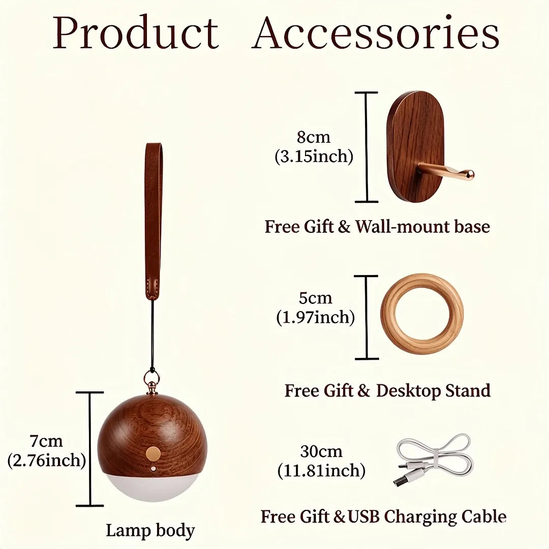 Scandinavian Wood 2-in-1 Voice Control Night Light, Solid Wood Portable Table Lamp Wall Ambient Light, 5m Offline Voice Control, 3-Level Dimming, with USB Cable & Lanyard(Sabili wood color)