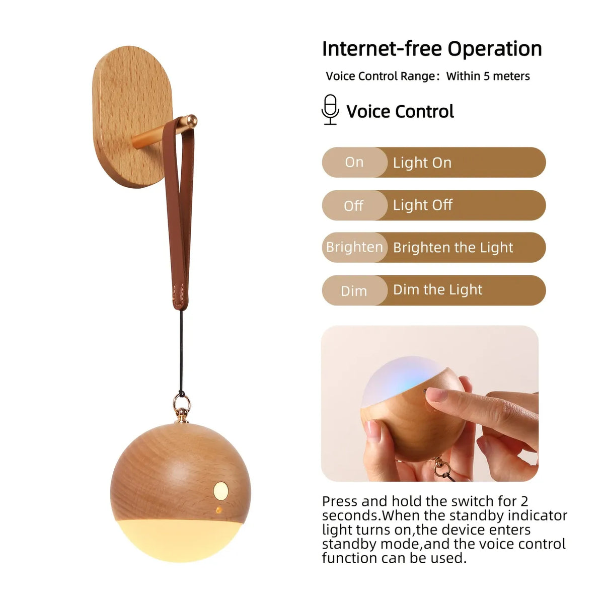 Scandinavian Wood 2-in-1 Voice Control Night Light, Solid Wood Portable Table Lamp Wall Ambient Light, 5m Offline Voice Control, 3-Level Dimming, with USB Cable & Lanyard(Sabili wood color)