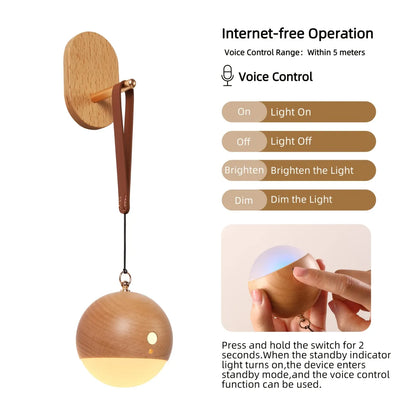 Scandinavian Wood 2-in-1 Voice Control Night Light, Solid Wood Portable Table Lamp Wall Ambient Light, 5m Offline Voice Control, 3-Level Dimming, with USB Cable & Lanyard(Sabili wood color)