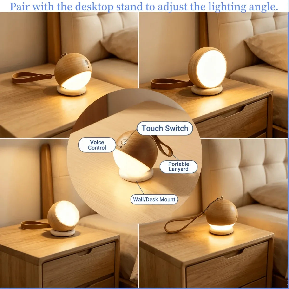 Scandinavian Wood 2-in-1 Voice Control Night Light, Solid Wood Portable Table Lamp Wall Ambient Light, 5m Offline Voice Control, 3-Level Dimming, with USB Cable & Lanyard(Sabili wood color)