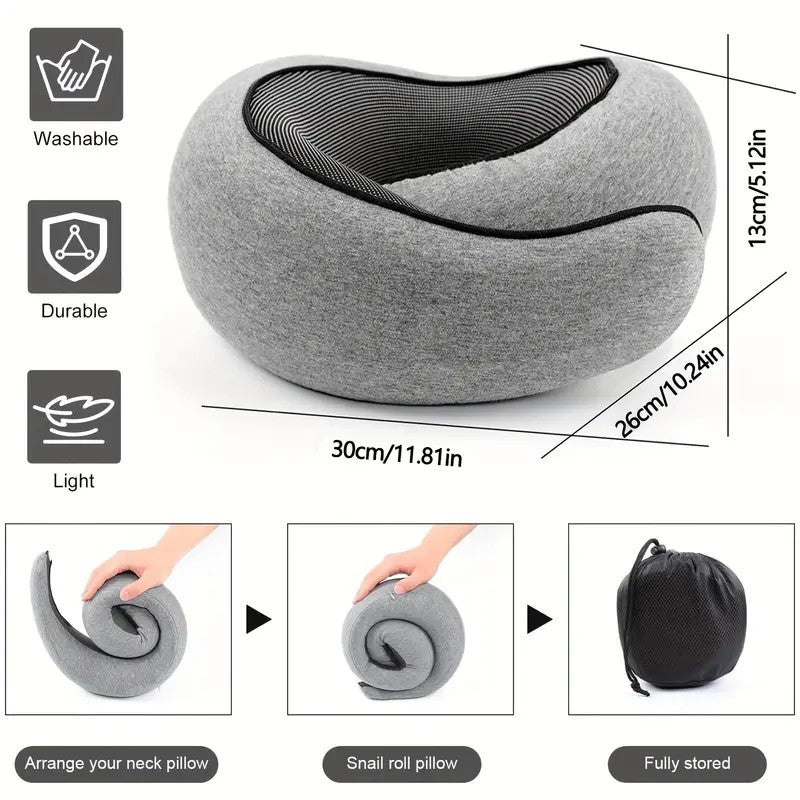 DARK GREY Snail Airplane Neck Pillow – Travel pillow with soft supportive design, ideal for sleep, cars, trains, the office, and home use. Includes a washable pillowcase and portable cervical support pad with storage bag.