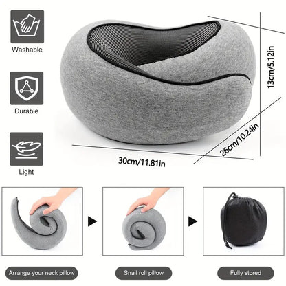 DARK GREY Snail Airplane Neck Pillow – Travel pillow with soft supportive design, ideal for sleep, cars, trains, the office, and home use. Includes a washable pillowcase and portable cervical support pad with storage bag.