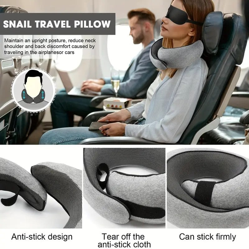 DARK GREY Snail Airplane Neck Pillow – Travel pillow with soft supportive design, ideal for sleep, cars, trains, the office, and home use. Includes a washable pillowcase and portable cervical support pad with storage bag.