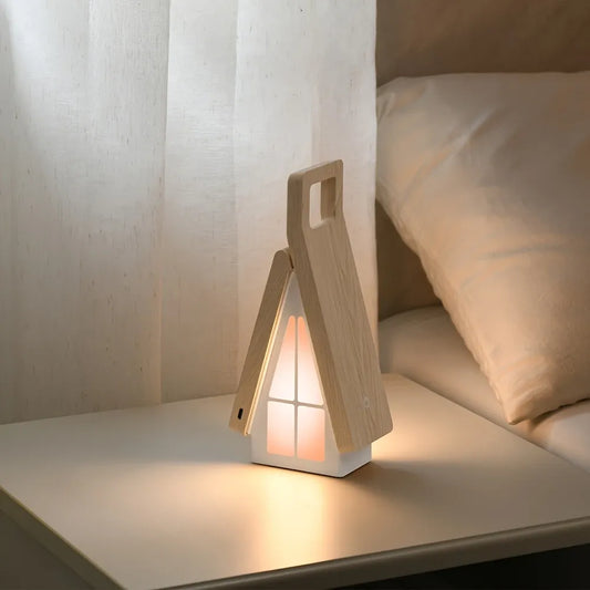 Scandinavian Wood Small House Foldable LED Desk Lamp, Wood ABS Night Light/Eye-Caring Lamp, 3 Color Temperatures 3-Level Dimming, Touch Switch, USB Rechargeable