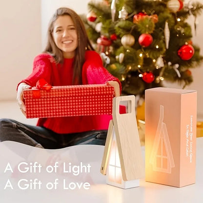 Scandinavian Wood Small House Foldable LED Desk Lamp, Wood ABS Night Light/Eye-Caring Lamp, 3 Color Temperatures 3-Level Dimming, Touch Switch, USB Rechargeable
