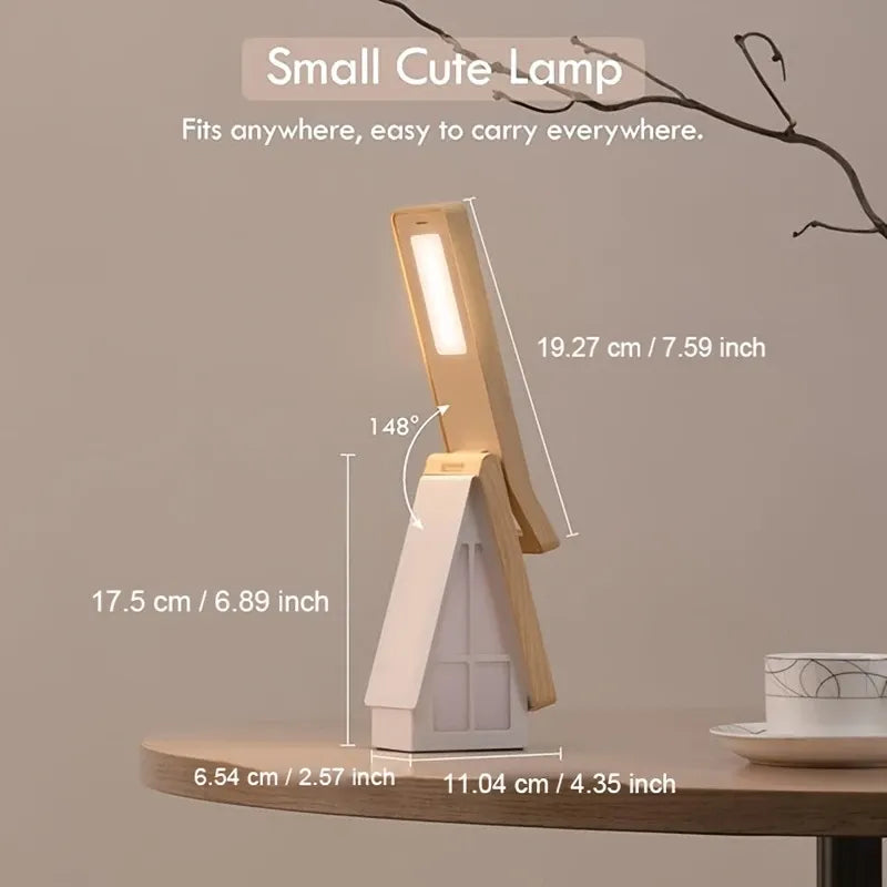 Scandinavian Wood Small House Foldable LED Desk Lamp, Wood ABS Night Light/Eye-Caring Lamp, 3 Color Temperatures 3-Level Dimming, Touch Switch, USB Rechargeable