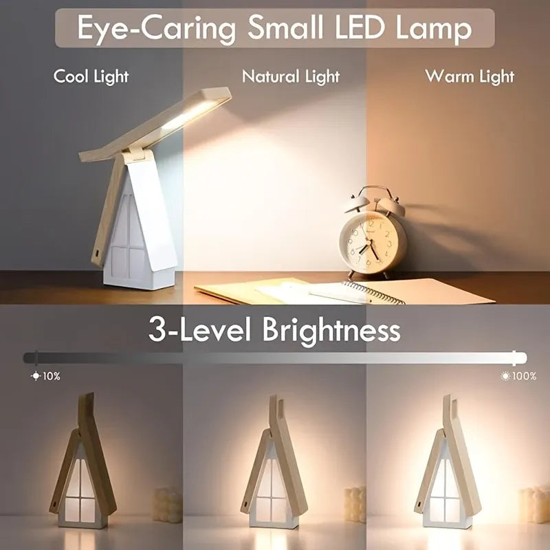 Scandinavian Wood Small House Foldable LED Desk Lamp, Wood ABS Night Light/Eye-Caring Lamp, 3 Color Temperatures 3-Level Dimming, Touch Switch, USB Rechargeable