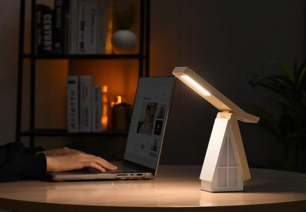 Scandinavian Wood Small House Foldable LED Desk Lamp, Wood ABS Night Light/Eye-Caring Lamp, 3 Color Temperatures 3-Level Dimming, Touch Switch, USB Rechargeable