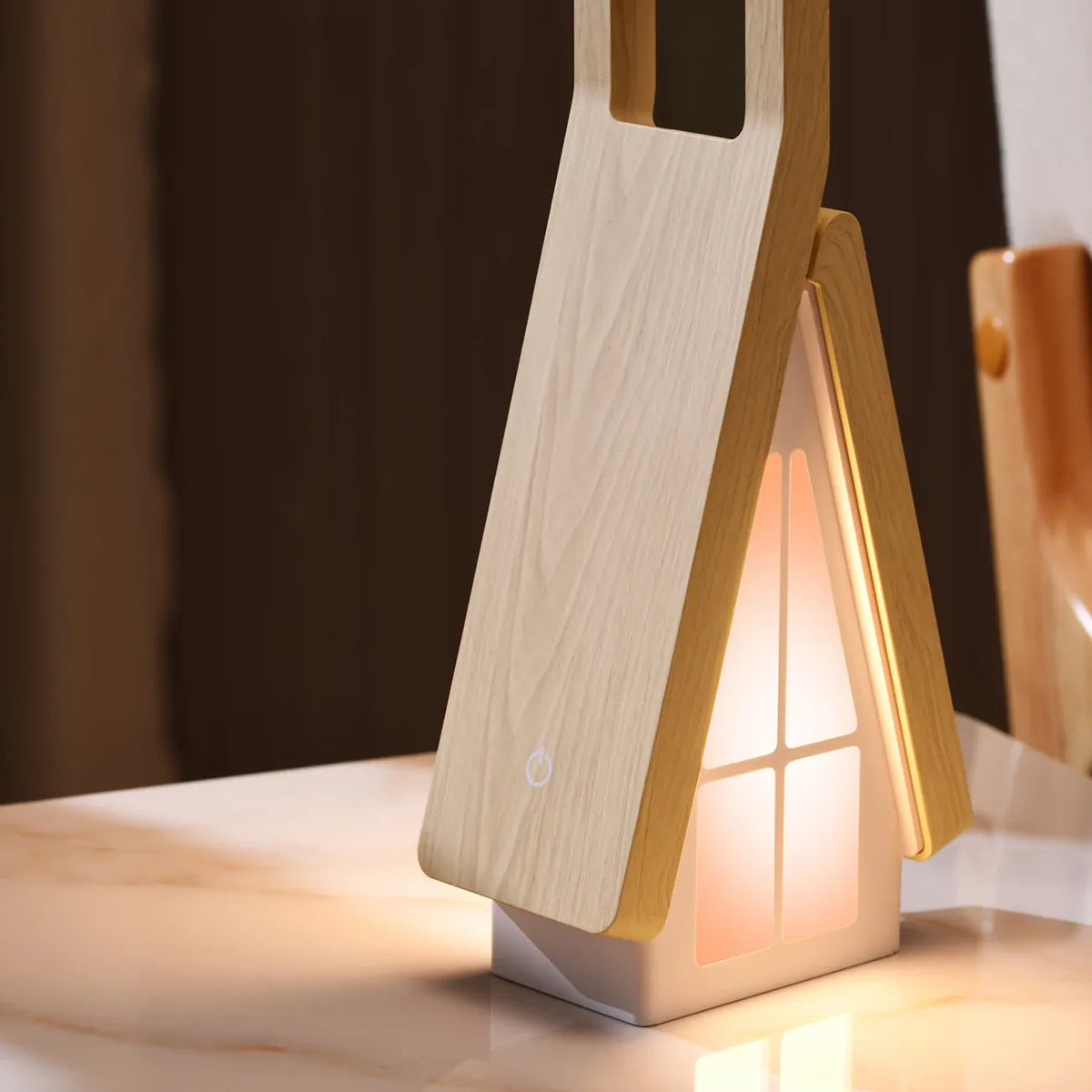 Scandinavian Wood Small House Foldable LED Desk Lamp, Wood ABS Night Light/Eye-Caring Lamp, 3 Color Temperatures 3-Level Dimming, Touch Switch, USB Rechargeable