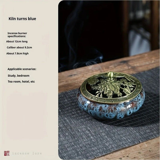 Glaze-transmutation ceramic incense burner with retro copper lid, fireproof mat, and incense coil holder. Suitable for various incense types, ideal for creative home decor and festive gifting.（Kiln turns blue）