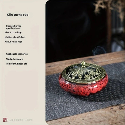 Glaze-transmutation ceramic incense burner with retro copper lid, fireproof mat, and incense coil holder. Suitable for various incense types, ideal for creative home decor and festive gifting.(Kiln turns red）