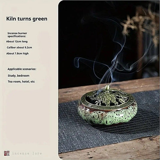 Glaze-transmutation ceramic incense burner with retro copper lid, fireproof mat, and incense coil holder. Suitable for various incense types, ideal for creative home decor and festive gifting.(Kiln turns green）