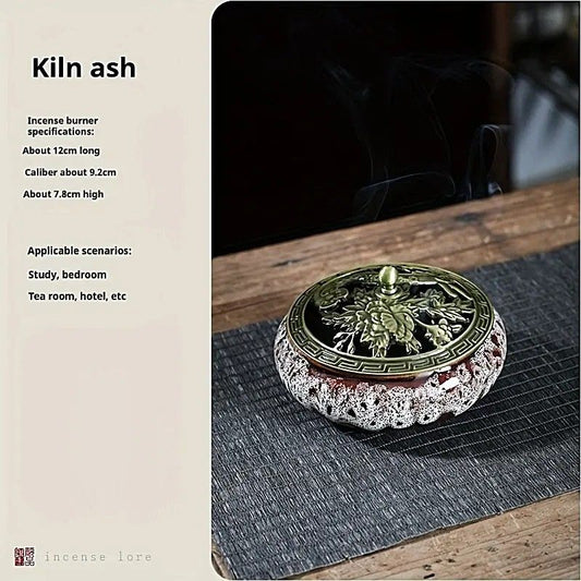 Glaze-transmutation ceramic incense burner with retro copper lid, fireproof mat, and incense coil holder. Suitable for various incense types, ideal for creative home decor and festive gifting.(Kiln ash）