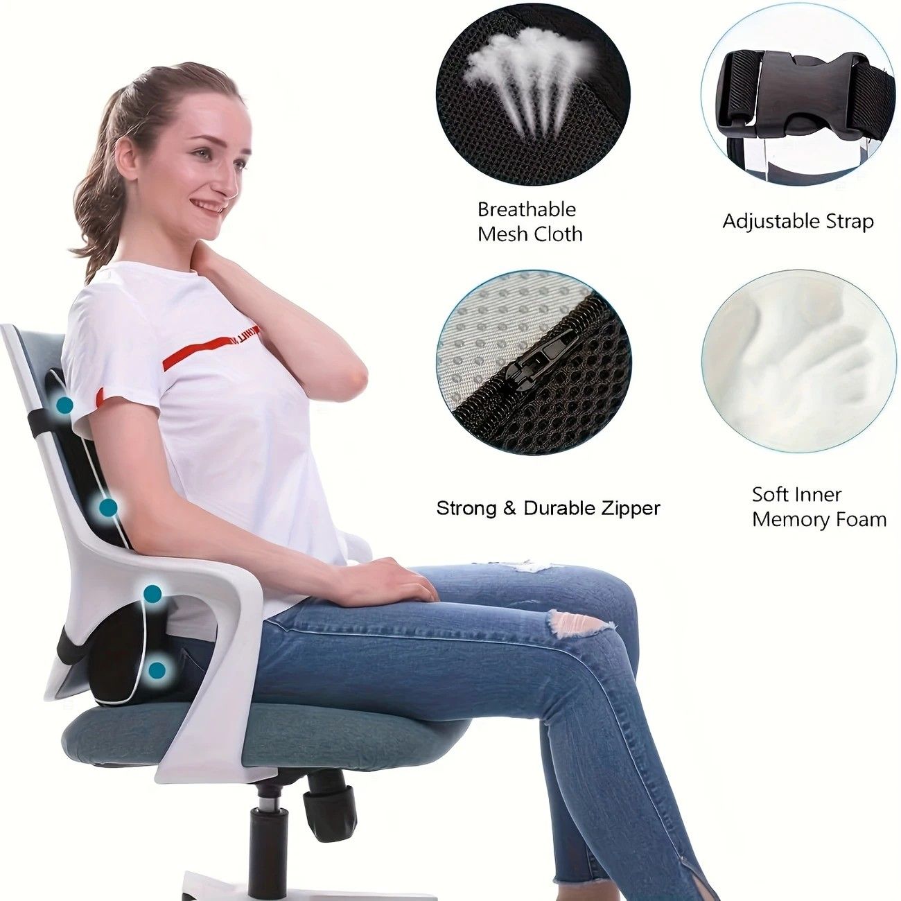 1 Lumbar Support Pillow for Lower Back and Posture - Memory Foam Cushion with Adjustable Strap, Breathable Mesh Cover and Dual Straps (Office Chair, Car, Gaming) - Spine Health Aid, Office Furniture, Back Cushion, Back Pain Relief Pad