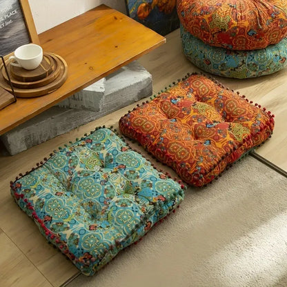 Bohemian Thick Cushion: Ethnic print with ruffled center, 100% polyester soft and resilient, suitable for both square and round shapes in all seasons, easy hand-wash care, adds an exotic flair to your home decor. (Round, Orange)