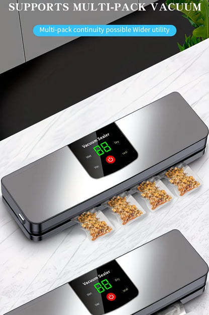 silver Rechargeable Vacuum Sealer with USB Port, designed for preserving food in both dry and wet environments, equipped with an LED screen, ideal for travel and camping.