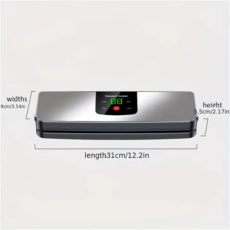 silver Rechargeable Vacuum Sealer with USB Port, designed for preserving food in both dry and wet environments, equipped with an LED screen, ideal for travel and camping.