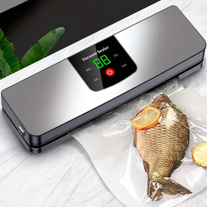 silver Rechargeable Vacuum Sealer with USB Port, designed for preserving food in both dry and wet environments, equipped with an LED screen, ideal for travel and camping.