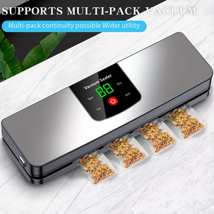 silver Rechargeable Vacuum Sealer with USB Port, designed for preserving food in both dry and wet environments, equipped with an LED screen, ideal for travel and camping.