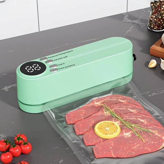 USB Rechargeable Portable Vacuum Sealer, includes sealing bags and a rapid vacuum pump. Space-saving design, suitable for vacuum packing snacks, meat, fruits, and vegetables for food preservation.GREEN