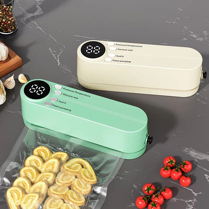 USB Rechargeable Portable Vacuum Sealer, includes sealing bags and a rapid vacuum pump. Space-saving design, suitable for vacuum packing snacks, meat, fruits, and vegetables for food preservation.GREEN