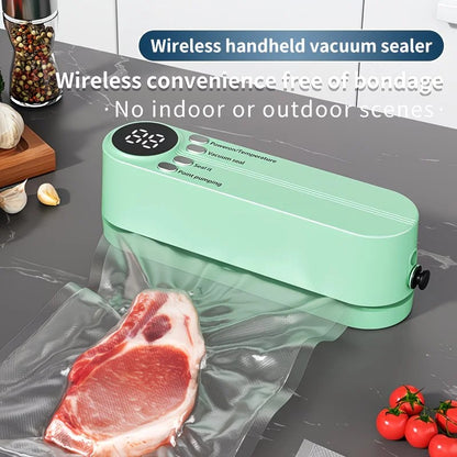 USB Rechargeable Portable Vacuum Sealer, includes sealing bags and a rapid vacuum pump. Space-saving design, suitable for vacuum packing snacks, meat, fruits, and vegetables for food preservation.GREEN