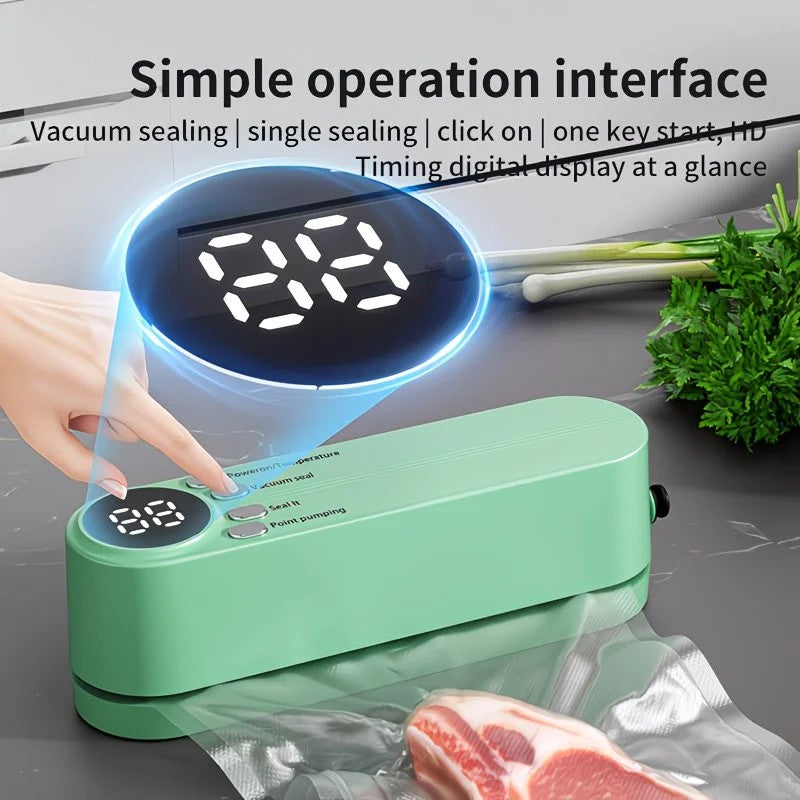 USB Rechargeable Portable Vacuum Sealer, includes sealing bags and a rapid vacuum pump. Space-saving design, suitable for vacuum packing snacks, meat, fruits, and vegetables for food preservation.GREEN