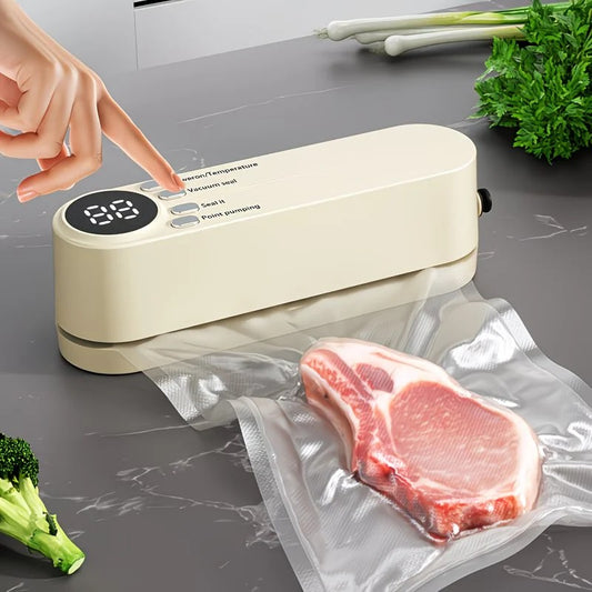 beige.USB Rechargeable Portable Vacuum Sealer, includes sealing bags and a rapid vacuum pump. Space-saving design, suitable for vacuum packing snacks, meat, fruits, and vegetables for food preservation.